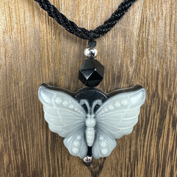 Tai Chi Stone Butterfly Pendant Necklace on Adjustable Black Rope - Picture 8 of 13